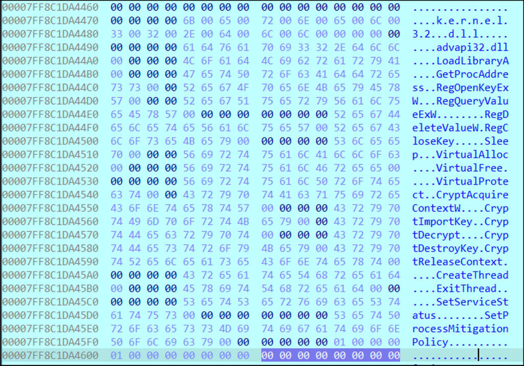 Memory view of the decrypted configuration, showing the list of functions