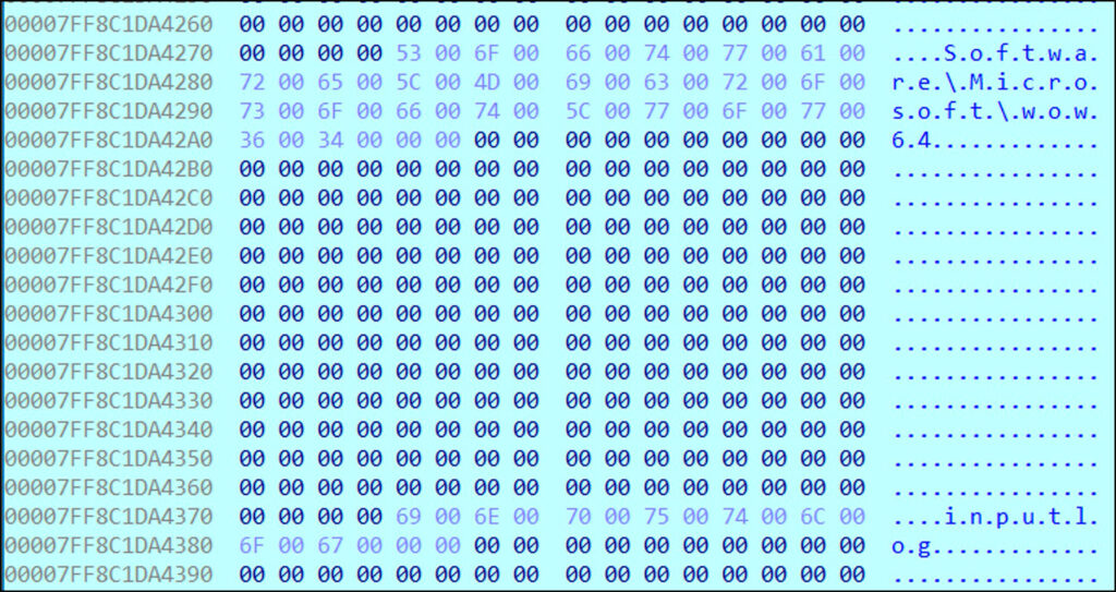 Memory view of the decrypted configuration, showing the path of the encrypted shellcode