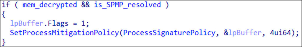 Calling SetMitigationPolicy with ProcessSignaturePolicy as parameter to set the mitigation policy