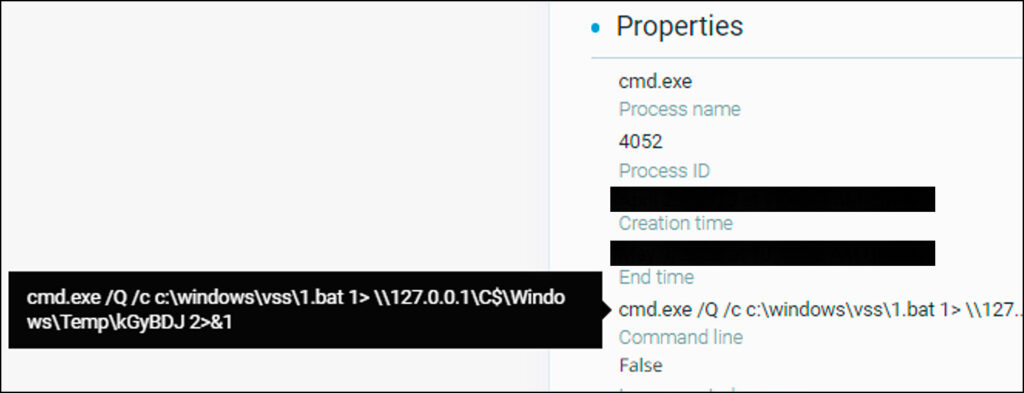 Snippet showcasing the WMIExec command being executed on a victim machine with batch script '1.bat'