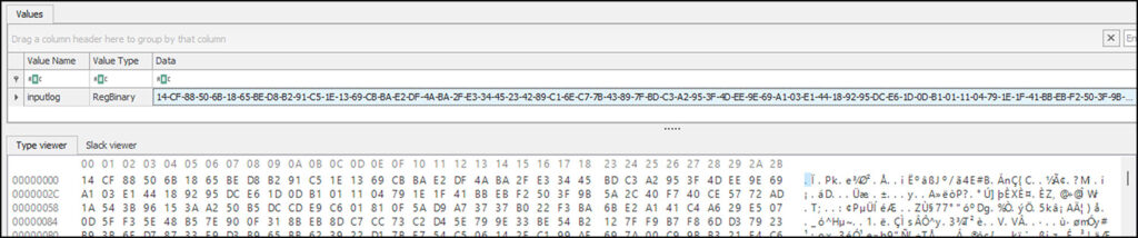 Snippet from Registry Explorer showcasing the embedded payload stored in the registry value 'inputlog'.