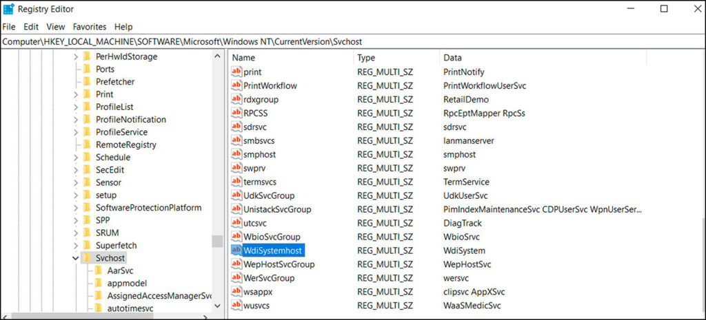 Registry view of service groups managed by svchost