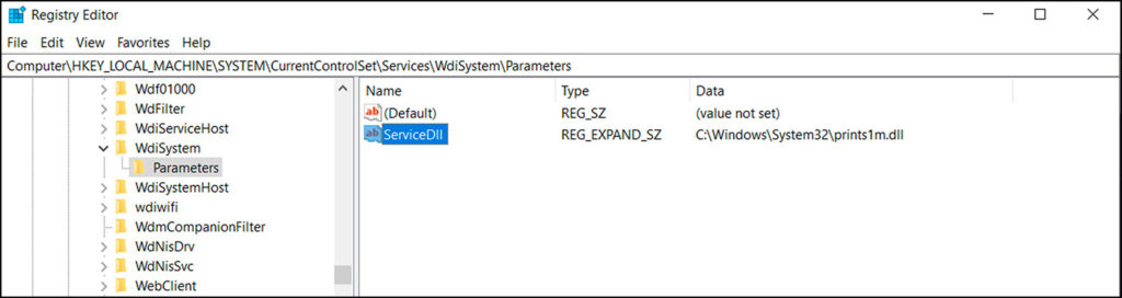 Registry view of the key that dictates the DLL associated with the malware’s service.